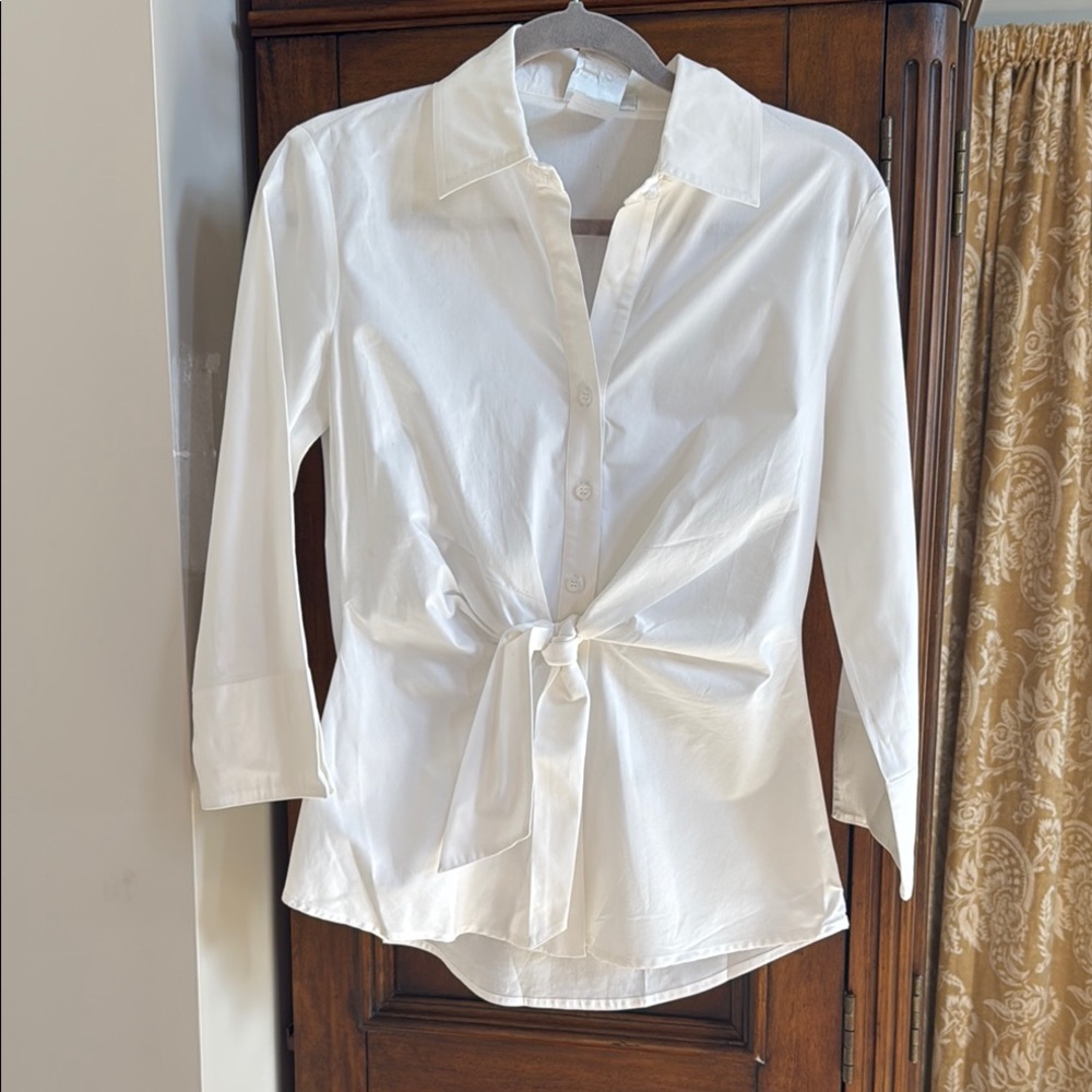 Finley White 3/4 Sleeve Button Down Shirt with Tie Front and Notched Collar